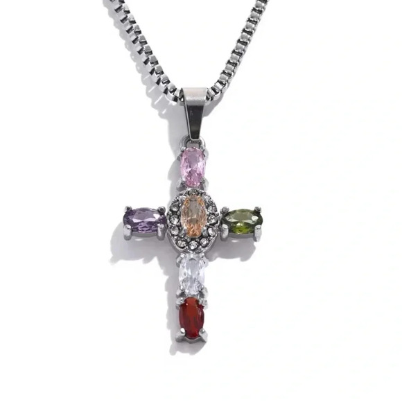 Maria Cross Stainless Steel Waterproof MultiColor Necklace - Picture 1 of 17
